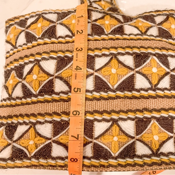 Vintage Handmade Burlap Embroidered Satchel Hand Bag Geometric Tan Brown Boho - Picture 14 of 15